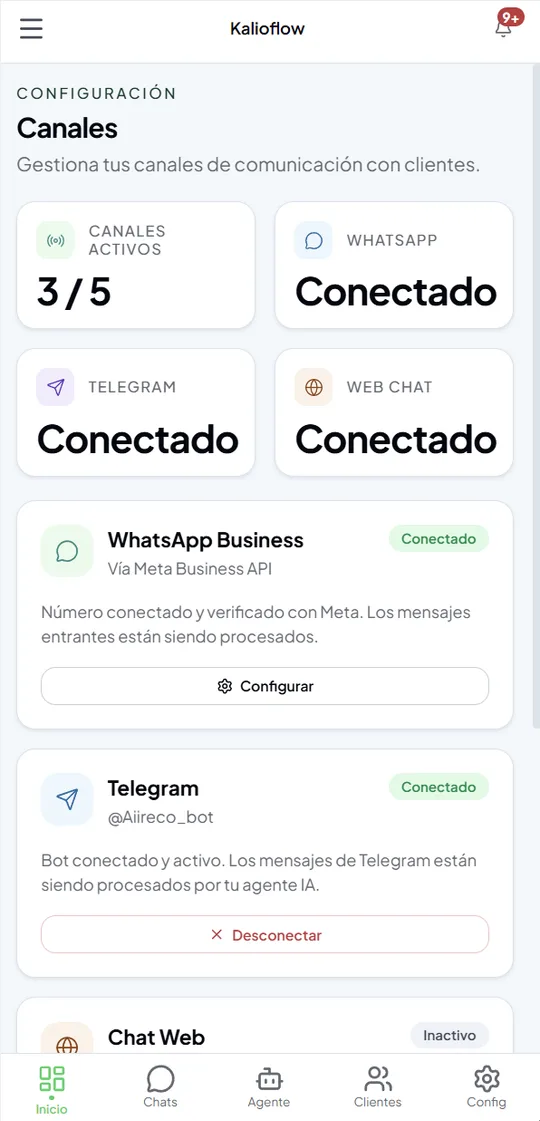 Pantalla de Canales de Kalioflow: WhatsApp, Telegram y Web conectados